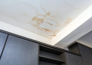 Dégradation du plafond avec auréoles causées par infiltration d’eau