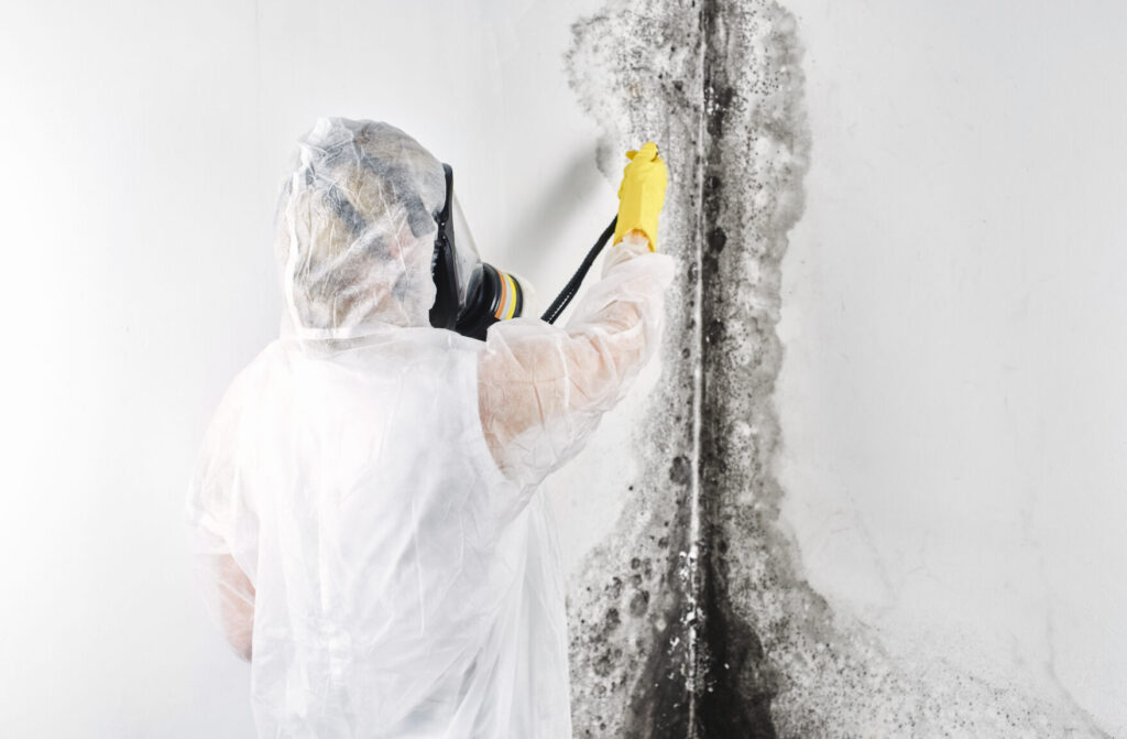 Professionnel en combinaison blanche traitant les moisissures murales